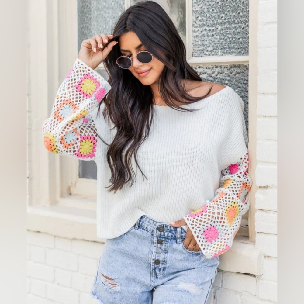 Women's White Sweater with Colorful Crochet Sleeves